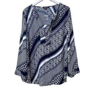 ROAMANS Tunic Top Plus Size 18W Navy Blue Print Long Sleeve Blouse NWOT